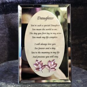 Daughter Sentimental Glass Keepsake Frame – Pink Crystal Accent – 5” x 3”